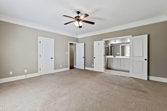 3628 Eagle Farm Dr N, Wilson, NC 27896 - unfurnished bedroom featuring crown molding, light carpet, baseboards, ensuite bath, and ceiling fan
