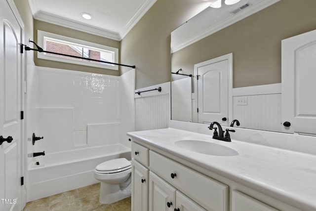 3628 Eagle Farm Dr N, Wilson, NC 27896 - full bath featuring ornamental molding, toilet, vanity, a wainscoted wall, and washtub / shower combination
