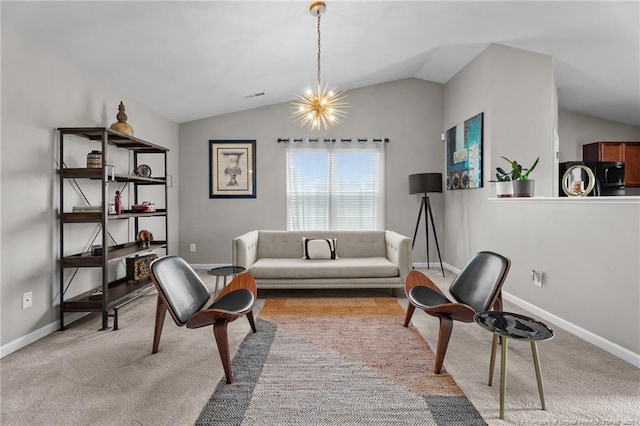 308 Hazel Dr, Stantonsburg, NC 27883 - living area with vaulted ceiling, baseboards, light colored carpet, and a chandelier