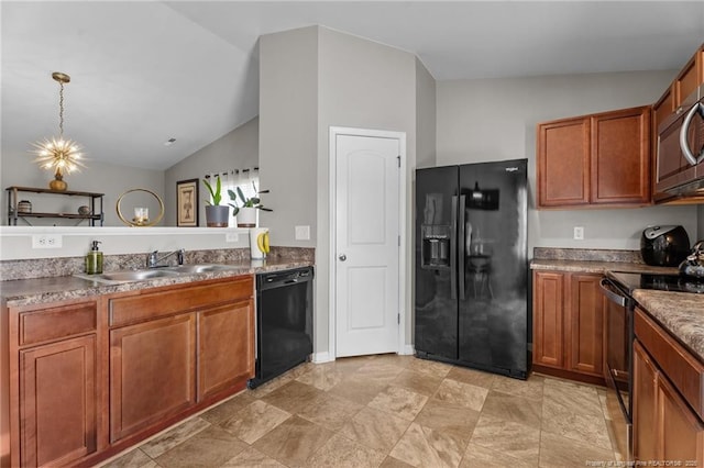 308 Hazel Dr, Stantonsburg, NC 27883 - kitchen featuring black appliances, a sink, brown cabinets, vaulted ceiling, and pendant lighting