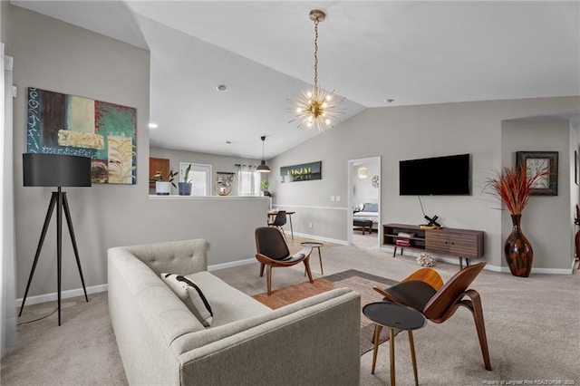 308 Hazel Dr, Stantonsburg, NC 27883 - living room with carpet flooring, a chandelier, vaulted ceiling, and baseboards