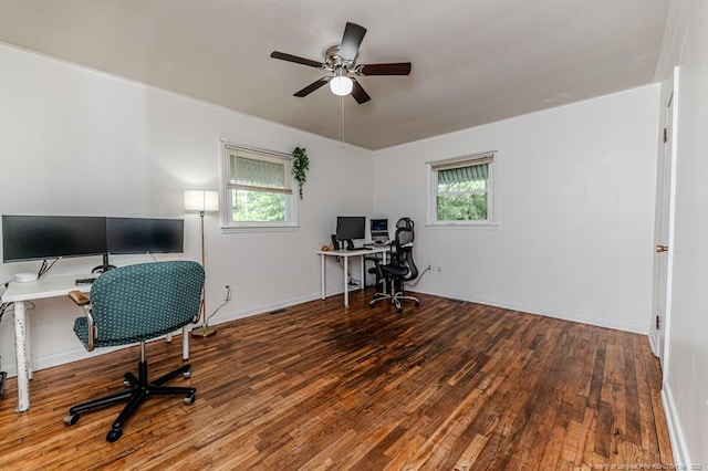 2327 Dewitt St, Sanford, NC 27330 - office area featuring ceiling fan, plenty of natural light, wood finished floors, and baseboards