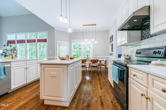 116 Hamilton Hedge Pl, Cary, NC 27519 - kitchen featuring black electric range oven, range hood, stainless steel dishwasher, tasteful backsplash, and a center island