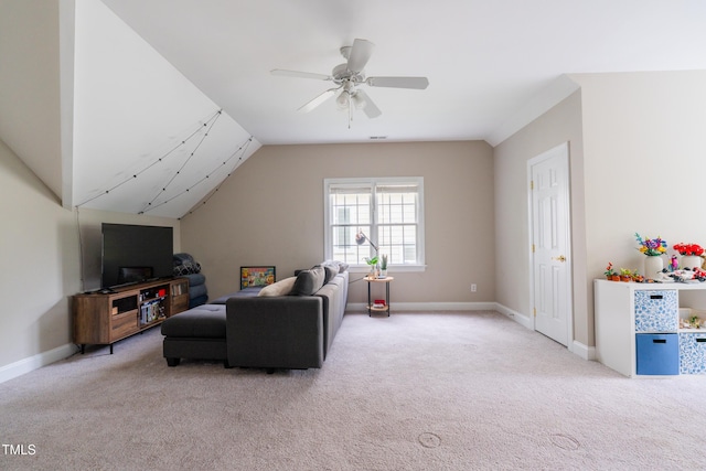 116 Hamilton Hedge Pl, Cary, NC 27519 - living room featuring light carpet, a ceiling fan, lofted ceiling, and baseboards