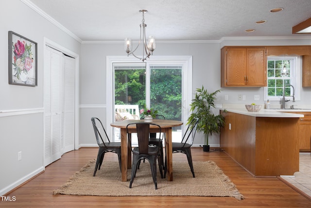 657 Lakeview Dr, Stem, NC 27581 - dining area featuring a chandelier, light wood-style floors, ornamental molding, and baseboards