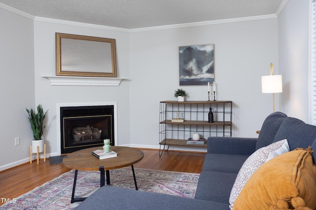 657 Lakeview Dr, Stem, NC 27581 - living room featuring wood finished floors, crown molding, a fireplace, baseboards, and a textured ceiling