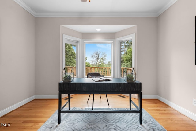 7918 Dairy Ridge Rd, Mebane, NC 27302 - home office with light wood-style flooring, baseboards, and ornamental molding