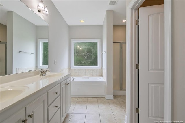 45 Remington Hills Dr, Bunnlevel, NC 28323 - bathroom featuring a bath, tile patterned flooring, double vanity, and a shower stall