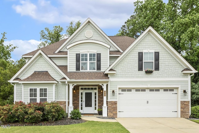 347 Country Mill Way, Fuquay Varina, NC 27526 - craftsman inspired home with stone siding, an attached garage, roof with shingles, and driveway