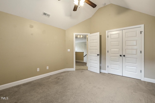 347 Country Mill Way, Fuquay Varina, NC 27526 - unfurnished bedroom featuring lofted ceiling, carpet flooring, a closet, baseboards, and ceiling fan