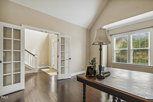 347 Country Mill Way, Fuquay Varina, NC 27526 - home office featuring french doors, wood-type flooring, baseboards, and high vaulted ceiling