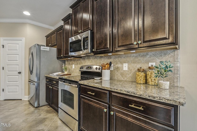 347 Country Mill Way, Fuquay Varina, NC 27526 - kitchen featuring stainless steel appliances, crown molding, light stone countertops, tasteful backsplash, and light tile patterned flooring