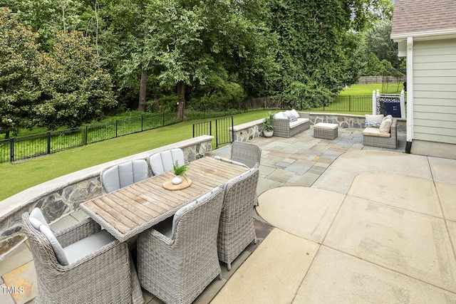 347 Country Mill Way, Fuquay Varina, NC 27526 - view of patio / terrace with outdoor lounge area, outdoor dining area, and view of scattered trees