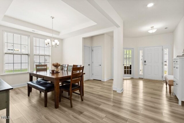 116 Hayfield Dr, Lillington, NC 27546 - dining area with light wood-style flooring, baseboards, plenty of natural light, a chandelier, and recessed lighting