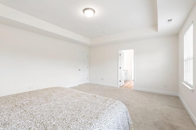 116 Hayfield Dr, Lillington, NC 27546 - unfurnished bedroom with light carpet, multiple windows, baseboards, and a tray ceiling