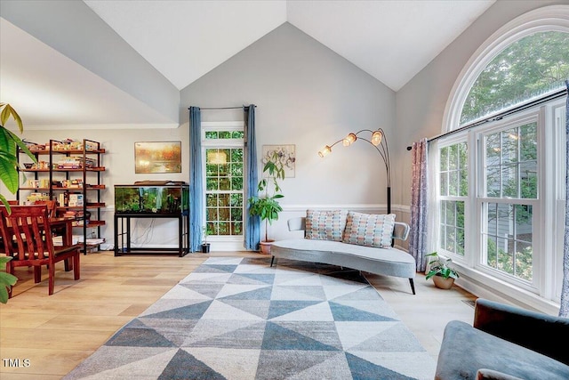 113 Fetzer Ct, Cary, NC 27513 - living area featuring wood finished floors, high vaulted ceiling, and a wainscoted wall
