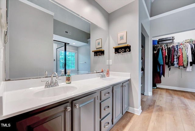 113 Fetzer Ct, Cary, NC 27513 - bathroom featuring double vanity, wood finished floors, a spacious closet, and baseboards