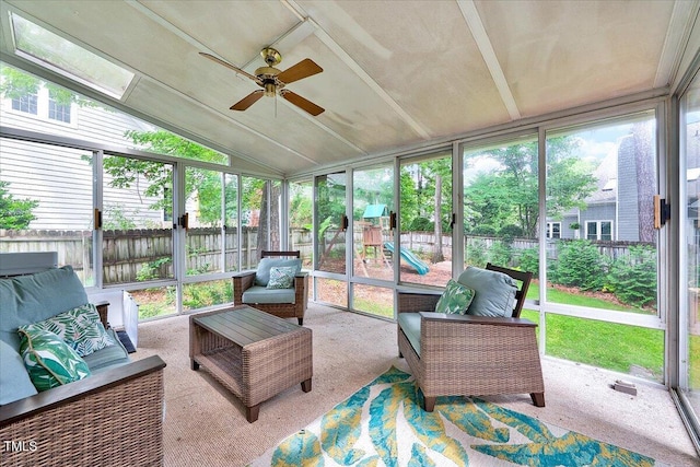 113 Fetzer Ct, Cary, NC 27513 - sunroom featuring a ceiling fan, outdoor lounge area, and lofted ceiling