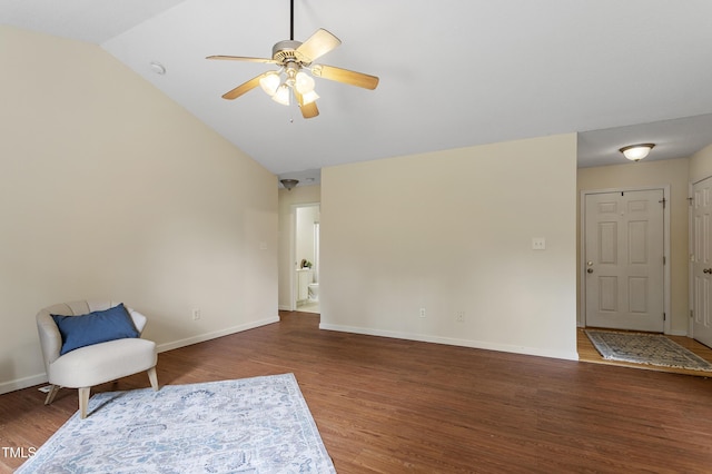 118 Setter Pt, Clayton, NC 27520 - sitting room featuring vaulted ceiling, wood finished floors, a ceiling fan, and baseboards