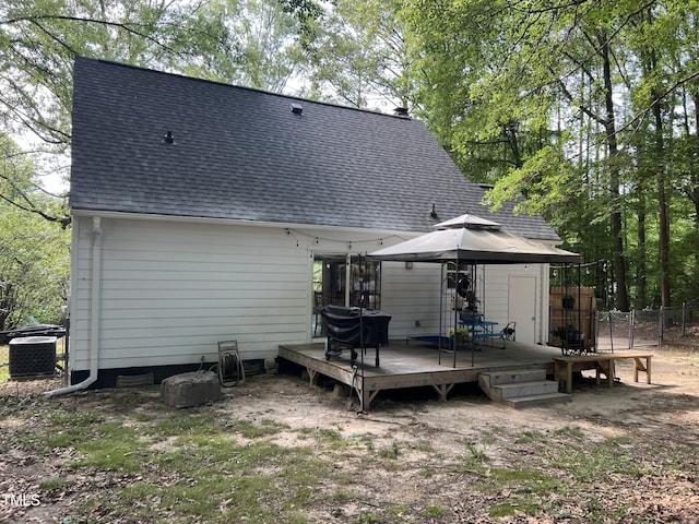 503 Pine Run, Knightdale, NC 27545 - rear view of property with roof with shingles, a wooden deck, a gazebo, and central air condition unit