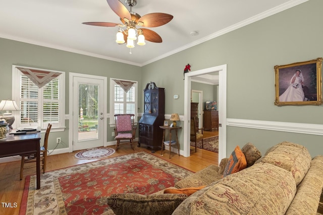 6517 Whitted Rd, Fuquay Varina, NC 27526 - living room with ornamental molding, wood finished floors, an office area, ceiling fan, and baseboards