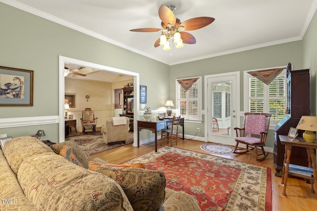 6517 Whitted Rd, Fuquay Varina, NC 27526 - living room with a ceiling fan, wood finished floors, ornamental molding, a desk, and baseboards