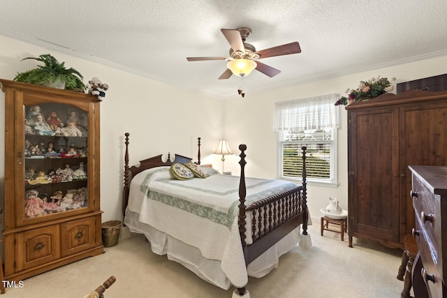 6517 Whitted Rd, Fuquay Varina, NC 27526 - bedroom featuring light colored carpet, a textured ceiling, ornamental molding, and a ceiling fan
