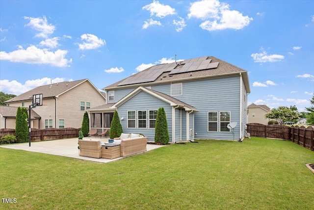 2333 Lantern Walk Ln, Wake Forest, NC 27587 - rear view of property with outdoor lounge area, a patio, and roof mounted solar panels