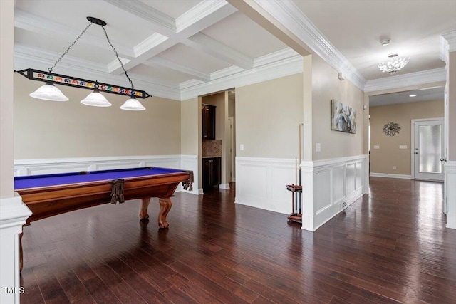 2333 Lantern Walk Ln, Wake Forest, NC 27587 - game room featuring coffered ceiling, crown molding, beamed ceiling, wood finished floors, and a wainscoted wall
