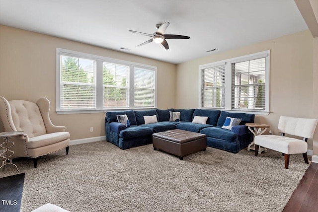 2333 Lantern Walk Ln, Wake Forest, NC 27587 - living room featuring baseboards, plenty of natural light, ceiling fan, and wood finished floors