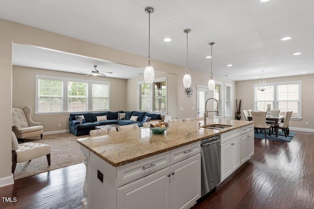 2333 Lantern Walk Ln, Wake Forest, NC 27587 - kitchen with a sink, dishwasher, baseboards, dark wood-style flooring, and recessed lighting