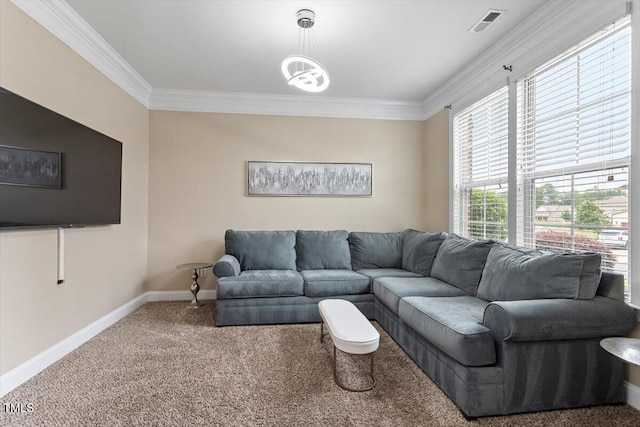 2333 Lantern Walk Ln, Wake Forest, NC 27587 - living area featuring carpet floors, baseboards, crown molding, and a chandelier