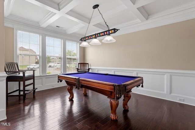 2333 Lantern Walk Ln, Wake Forest, NC 27587 - recreation room with coffered ceiling, beam ceiling, billiards table, dark wood-style flooring, and a decorative wall