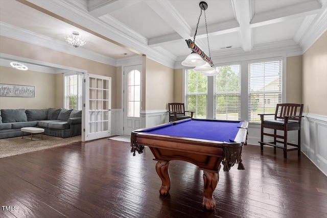 2333 Lantern Walk Ln, Wake Forest, NC 27587 - rec room featuring beamed ceiling, a wainscoted wall, ornamental molding, billiards, and coffered ceiling