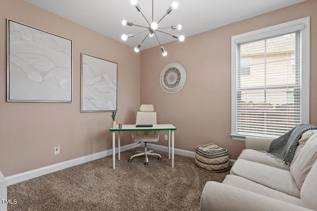 2333 Lantern Walk Ln, Wake Forest, NC 27587 - home office featuring a chandelier, carpet floors, and baseboards