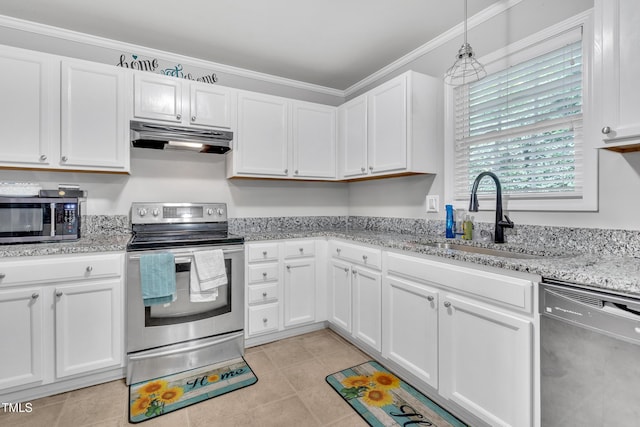 144 Shawnee Dr, Louisburg, NC 27549 - kitchen featuring appliances with stainless steel finishes, extractor fan, a sink, white cabinetry, and ornamental molding