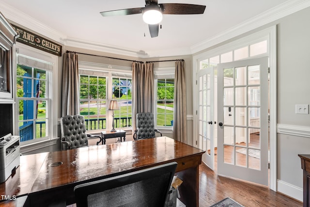 227 Paraggi Ct, Clayton, NC 27527 - office space featuring crown molding, a ceiling fan, french doors, wood finished floors, and plenty of natural light