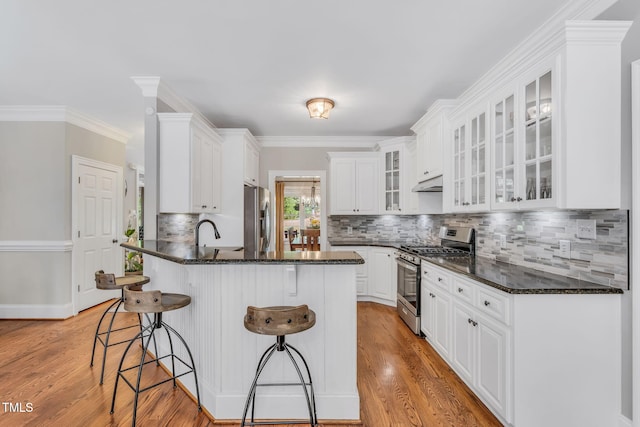 227 Paraggi Ct, Clayton, NC 27527 - kitchen featuring stainless steel appliances, under cabinet range hood, a kitchen breakfast bar, white cabinets, and ornamental molding
