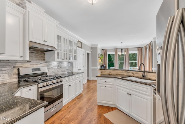 227 Paraggi Ct, Clayton, NC 27527 - kitchen featuring appliances with stainless steel finishes, a sink, under cabinet range hood, white cabinetry, and ornamental molding