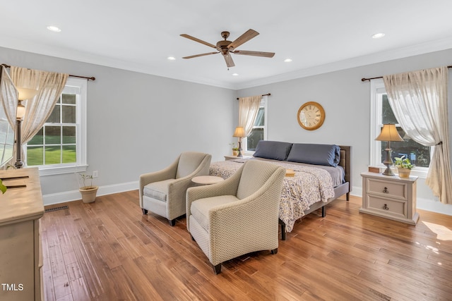 227 Paraggi Ct, Clayton, NC 27527 - bedroom featuring light wood-style flooring, baseboards, ornamental molding, recessed lighting, and ceiling fan