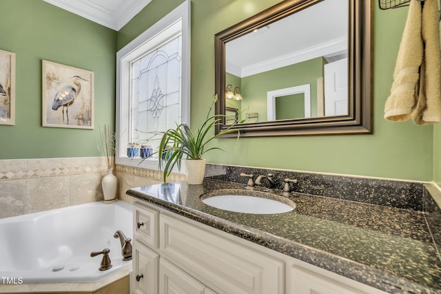 227 Paraggi Ct, Clayton, NC 27527 - bathroom featuring vanity, a jetted tub, and crown molding