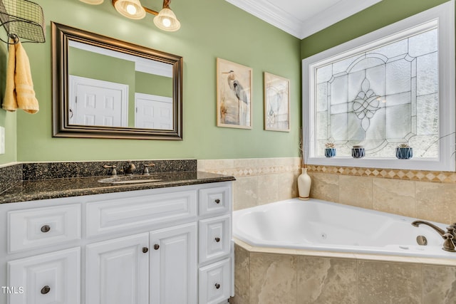 227 Paraggi Ct, Clayton, NC 27527 - bathroom with a tub with jets, vanity, and ornamental molding