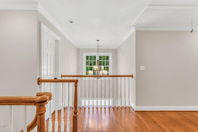 227 Paraggi Ct, Clayton, NC 27527 - hall featuring ornamental molding, wood finished floors, a chandelier, baseboards, and an upstairs landing