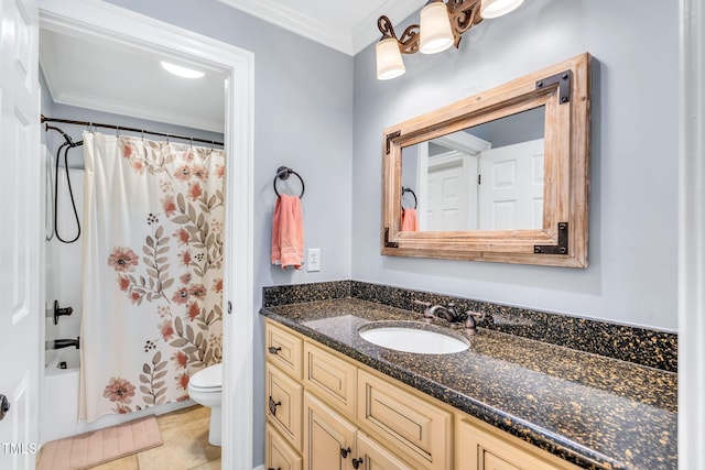 227 Paraggi Ct, Clayton, NC 27527 - full bathroom with ornamental molding, vanity, toilet, shower / tub combo, and tile patterned floors