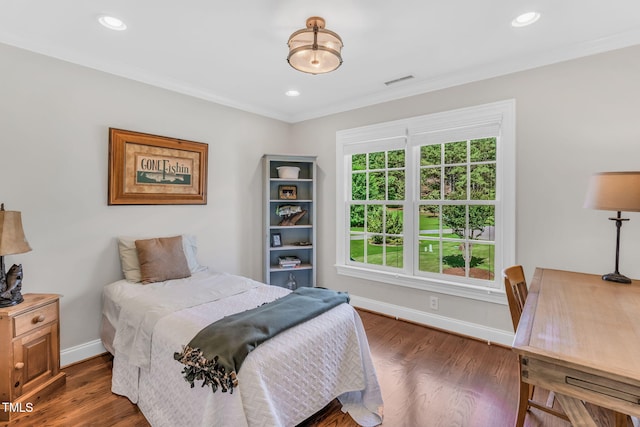 227 Paraggi Ct, Clayton, NC 27527 - bedroom with crown molding, baseboards, dark wood-style floors, and recessed lighting