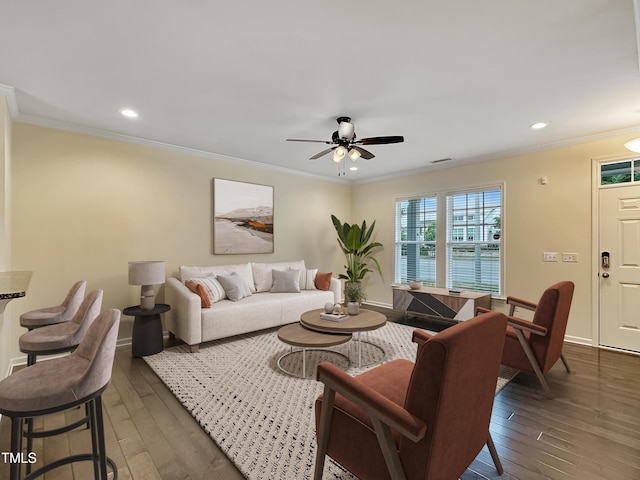 6536 Perry Creek Rd, Raleigh, NC 27616 - living area with wood-type flooring, ceiling fan, recessed lighting, crown molding, and baseboards