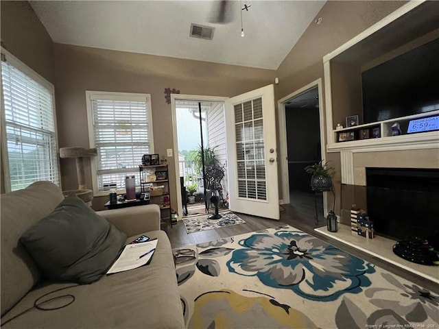 621 Marshtree Ln Unit 303, Fayetteville, NC 28314 - living room with lofted ceiling, wood finished floors, and a fireplace with raised hearth