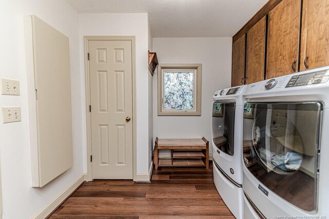 259 Golf Dr, Sanford, NC 27332 - laundry area featuring independent washer and dryer, dark wood finished floors, cabinet space, and baseboards