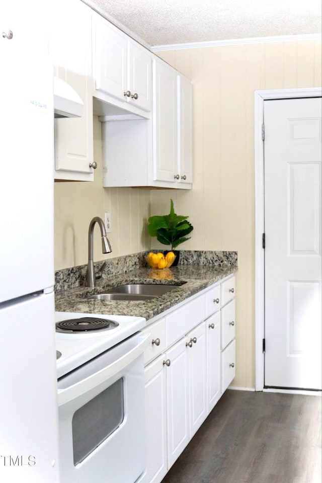 102 E Nash St, Elm City, NC 27822 - kitchen with white appliances, a sink, white cabinets, dark wood-style floors, and a textured ceiling