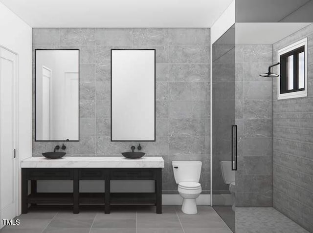 1808 Stream Manor Ct, Wake Forest, NC 27587 - full bathroom featuring double vanity, tile walls, tiled shower, toilet, and tile patterned flooring